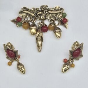 1928 Gold Brooch and Earring Set with Red and Green Accents Vintage Autumn